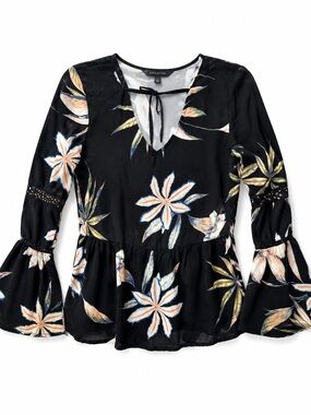 Roxy Black Floral Tie-Neck Peplum Top with Bell Sleeves